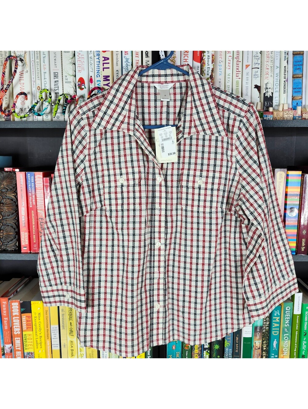 Christopher & Banks Plaid Button Front Shirt Red Black White Cotton Medium NWT